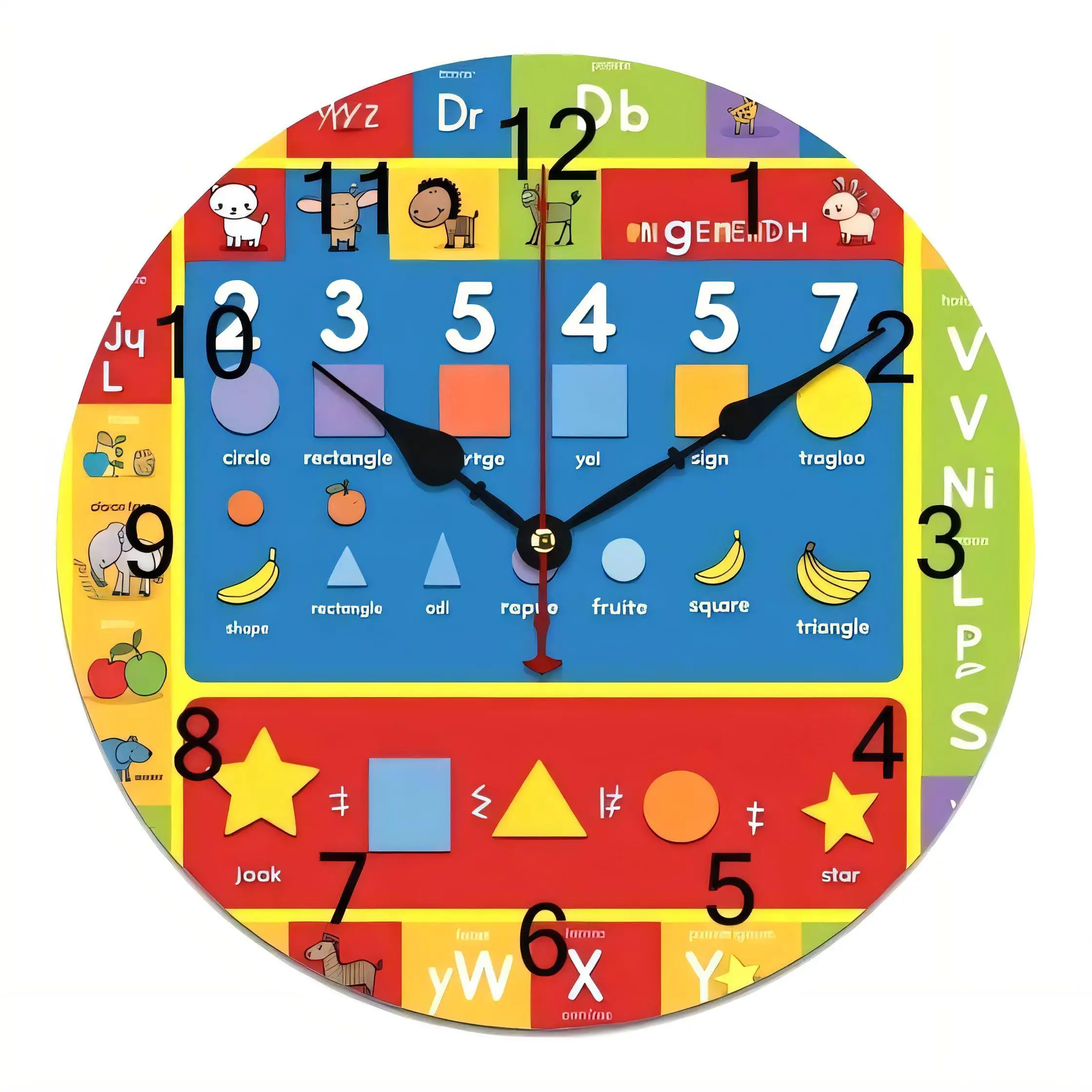 Educational Kids Wall Clock  Shape Letters Numbers Time Teaching Tool Colorful Home Decor