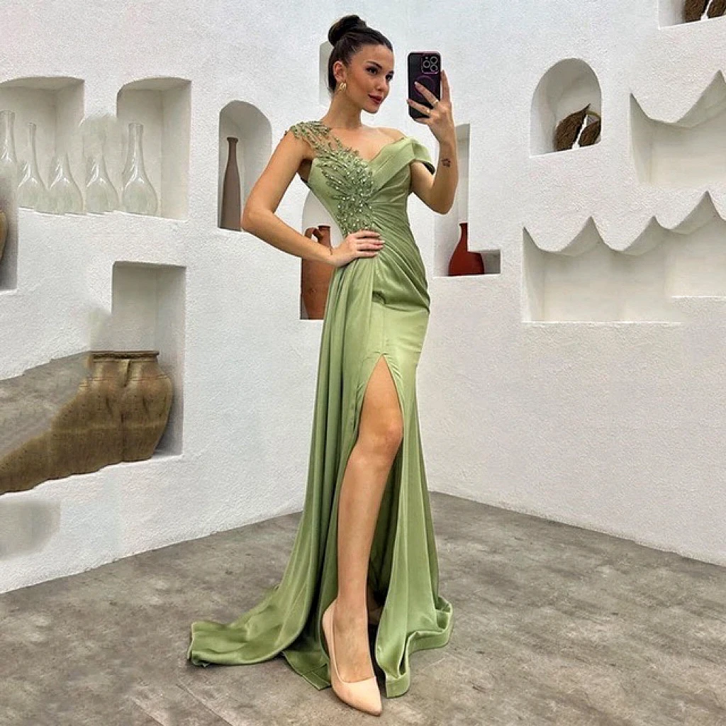 Sequins Green Bridesmaid Dresses One Shoulder Beading Sexy Formal Occasion Long Mermaid Sleeveless Evening Celebrity Gowns