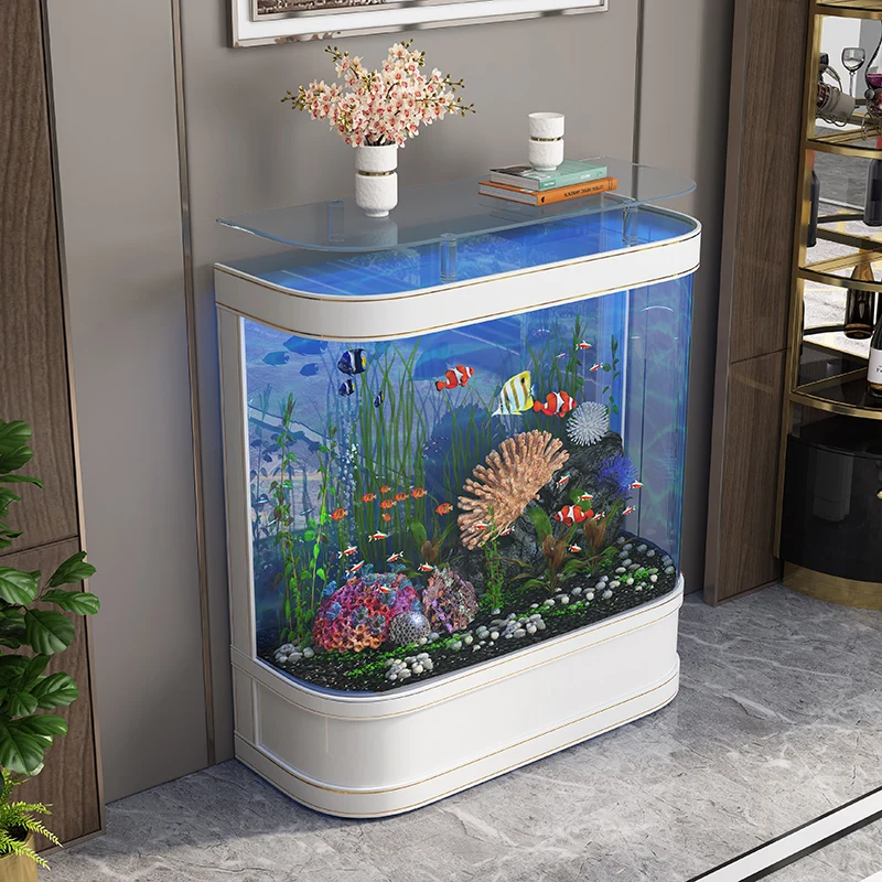 

2022 new light luxury fish tank living room household round floor aquarium large glass back filter ecological goldfish tank