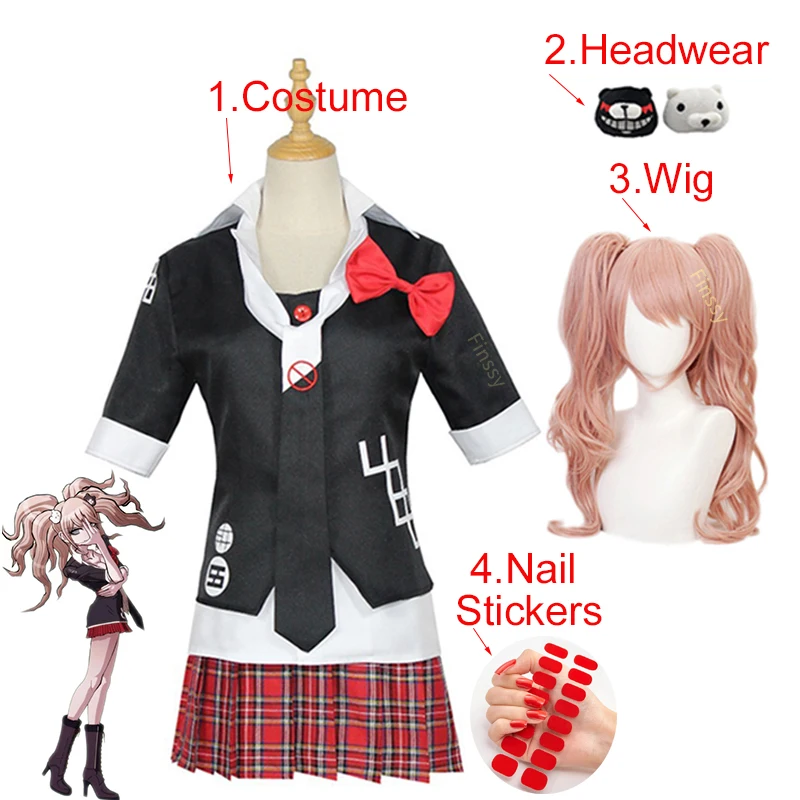 Anime Danganronpa Cosplay Kostuum Enoshima Junko Uniform Cafe Werkkleding Korte Rok Dubbele Staart Vlecht Pruik