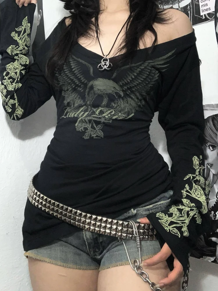 

Trendy dark style spring new product slim fit spicy girl V-neck pattern printed women's temperament long sleeved top ins