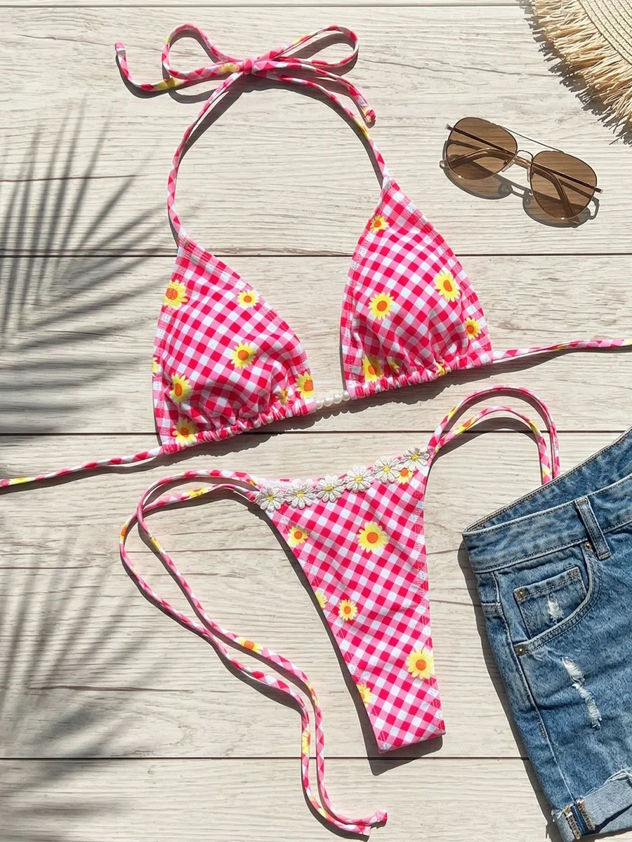 

Женский купальник-бикини с 3D цветами и клетчатым узором, комплект из двух частей, мини-микро-стринги, пляжная одежда