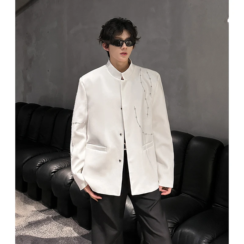 

Ele White Stand Collar Men's Suit Jaet Chinese Sle New Heavy Embroidery Casual Long Sve Four Seasons Universal
