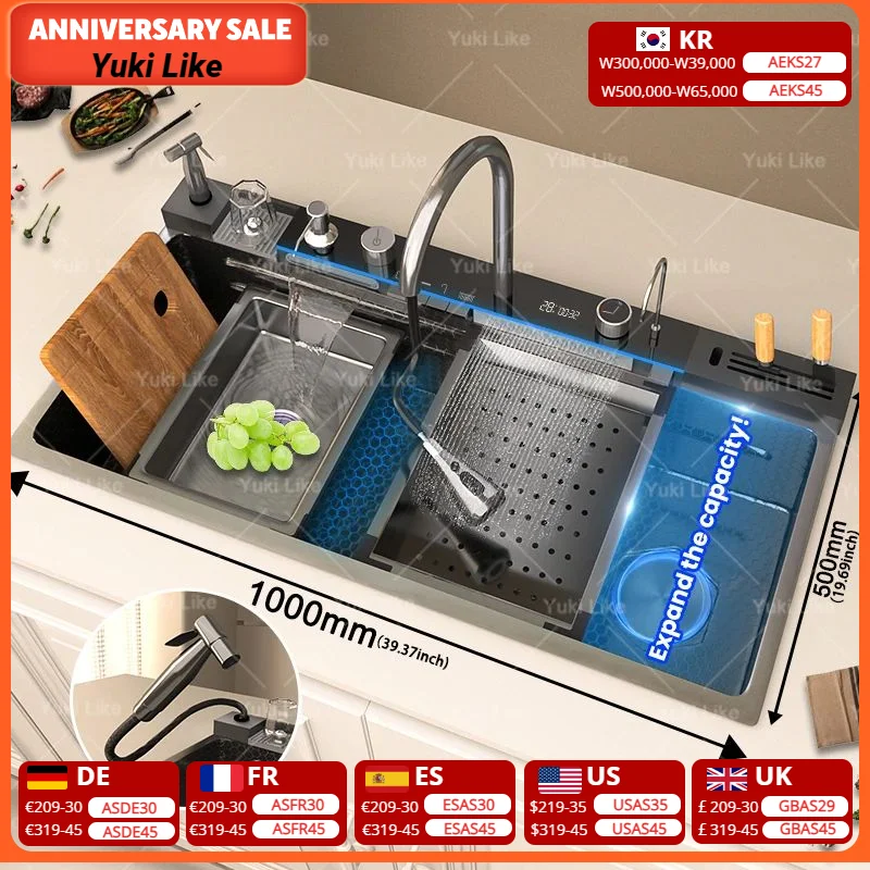 

Stainless Steel Kitchen Sink with Waterfall Extra Large Single Slot Digital Display Dishwashing Basin Includes Sinks 100x50cm