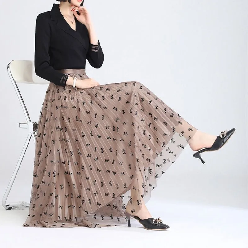 Mesh Skirts Women Korean Style Reversible Elastic Waist Pleated Bow Printed Slim Leisure All-match Daily Elegant Trendy Spring