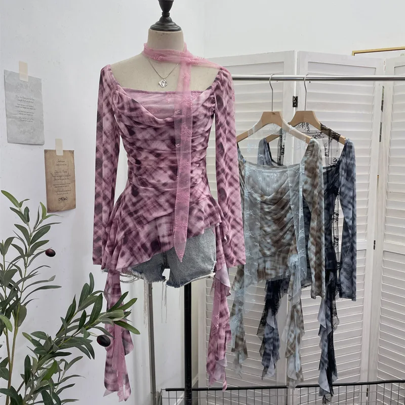 ISAROSE Vintage Y2K T-shirt for Women Plaid Square Collar Stretch Mesh Lace Patchwork Long Sleeves Asymmetrical Ruffle Tops