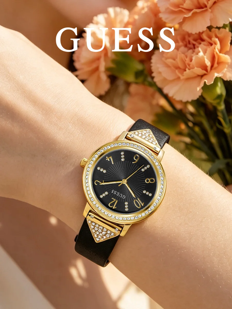 Guess Tri Luxe Gold Tone Crystal Bezel Black Leather Strap Analog Watch for Women GW0473L2