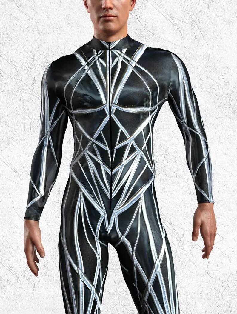 Herren Sexy Bunter Print Bodysuit Punk Morphsuit Halloween Roboter Zentai Anzug Feiertagsparty Jumpsuit Rave Cosplay Kostüm – Detail 2