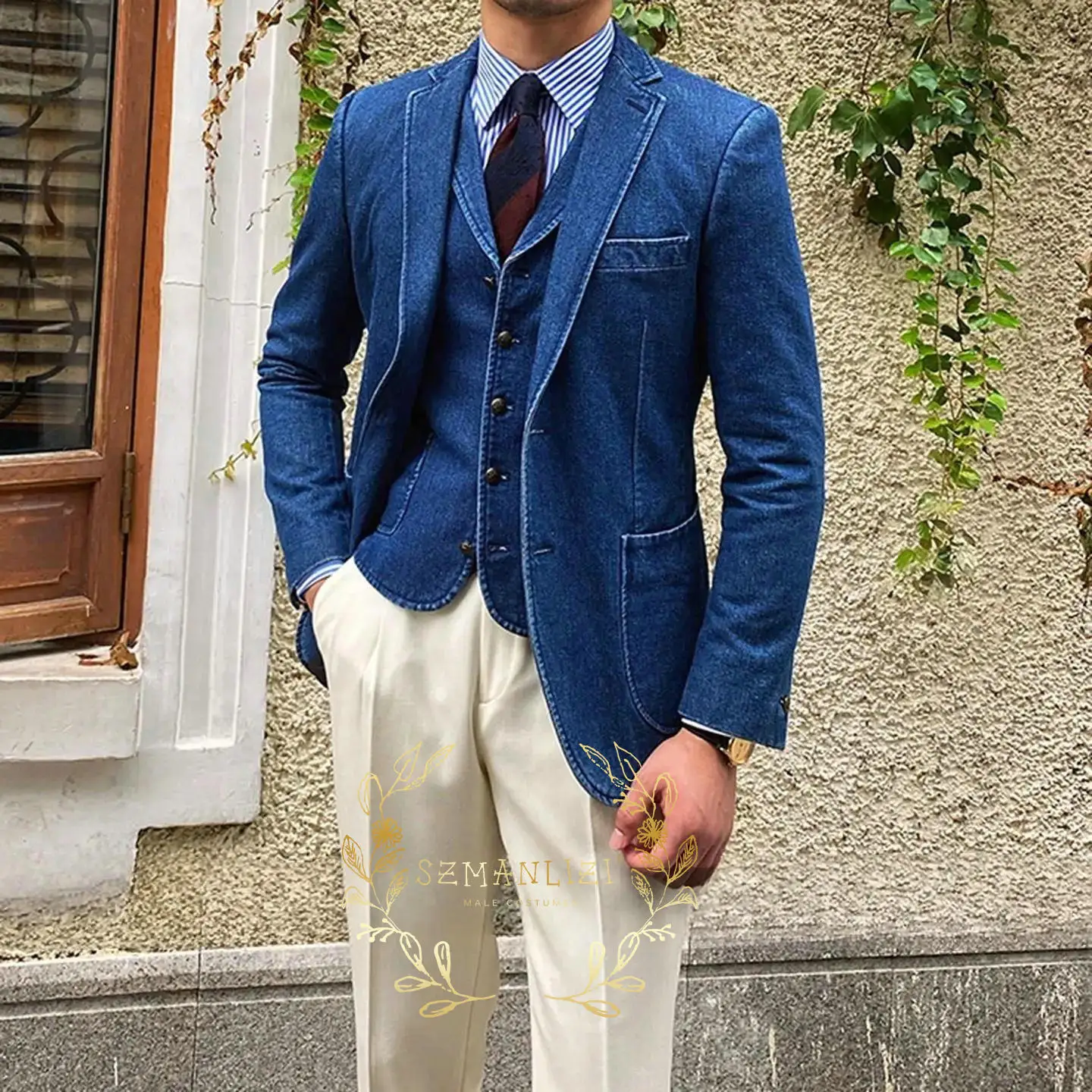 

Luxury Denim Men's Suits Elegant Slim Fit 3 Pieces Jacket Vest Ivory Pants Sets Male Wedding Party Clothing Outfits Costume