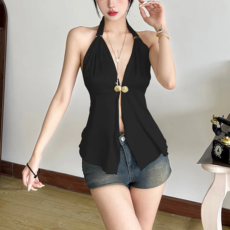 

Утягивающий однотонный декоративный вязаный топ без рукавов с сердечками, новый подвесной женский летний вязаный топ из Китая