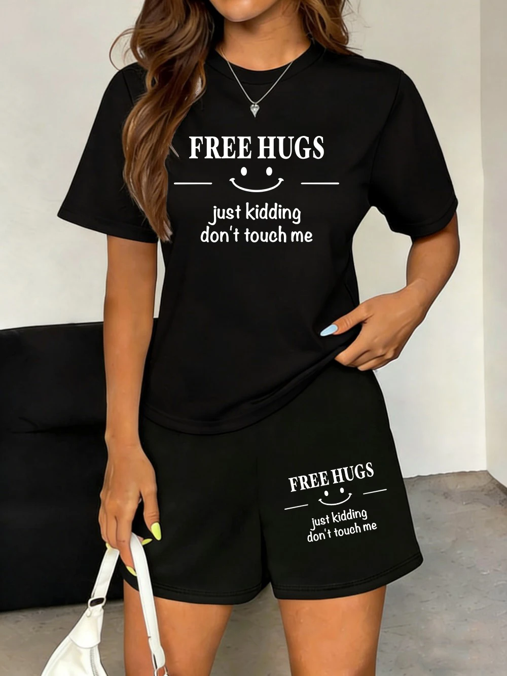 

Don'T Touch Me Letter Prints T-Shirts Pants Womens Summer Two Pieces Set Tops Shorts Basic High Waisted Oversized Pocket Clothes