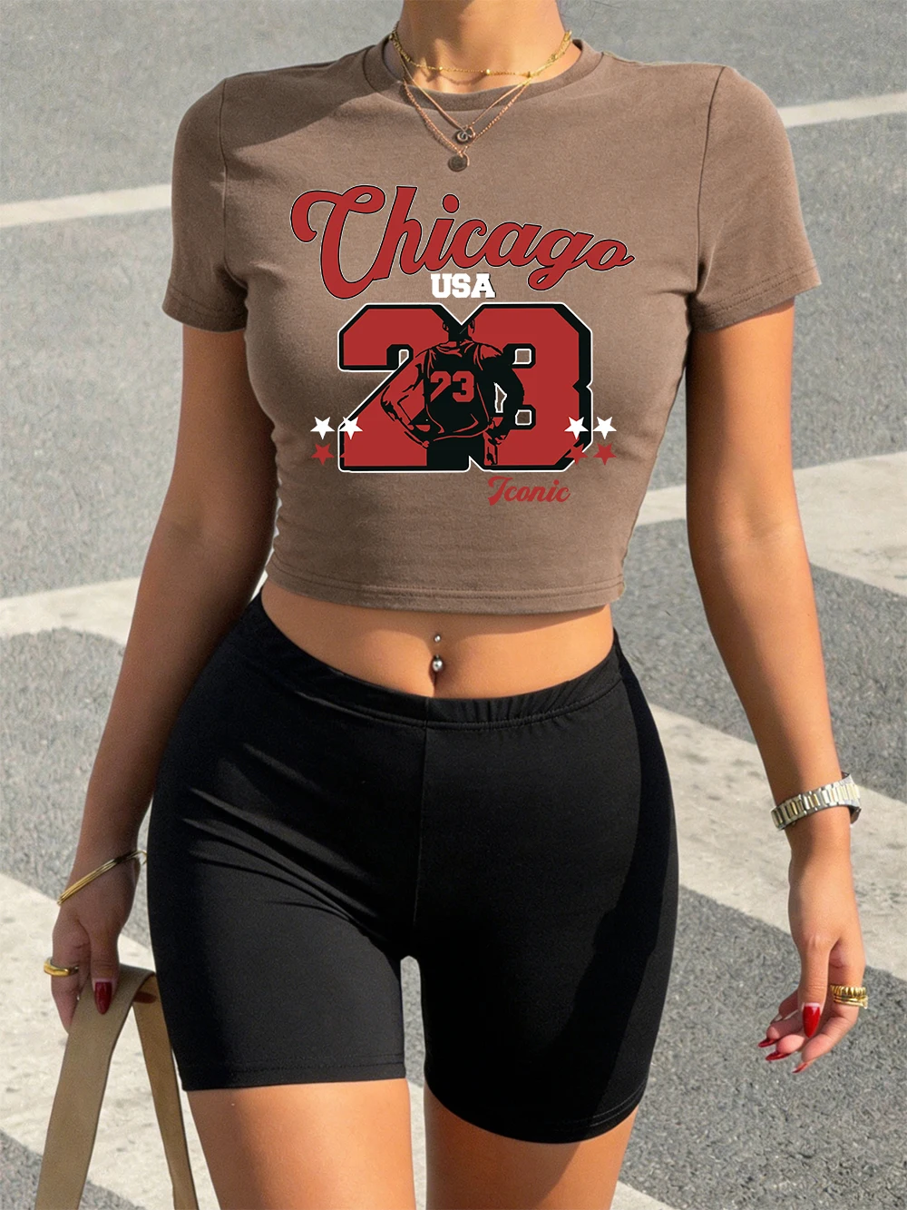 

Summer Chicago 23 Jersey Prints Crop T-Shirts Shorts Womans Sexy Two Pieces Set Tops Pants High Elastic Soft Slim O-Neck Clothes