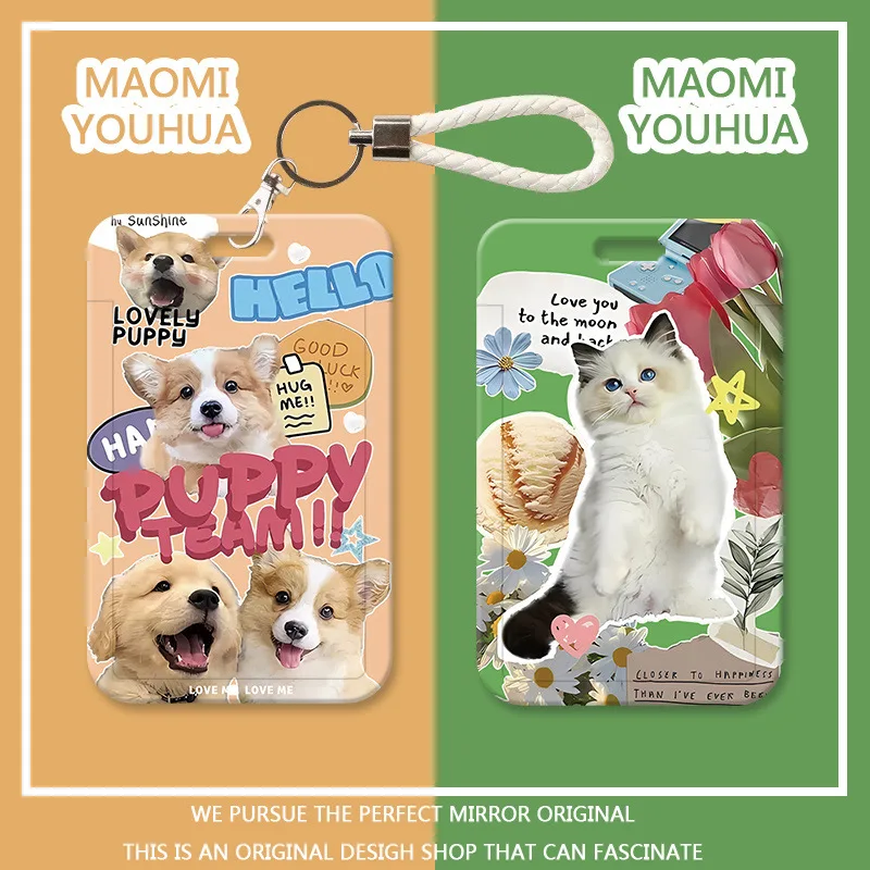 Cute Puppy Cat Kpop Idol Photocard Holder with Lanyard Kawaii Chic Dog Kitten Photo Card Cover Case Student ID Bus Card Holder