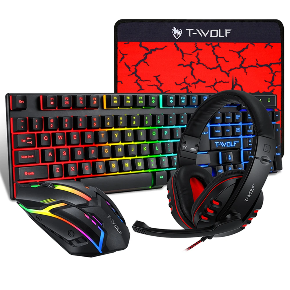 

T-WOLF TF800 Four-piece Gaming Combo 104 Keys Keyboard 4-color Breathing Light Mouse 3.5mm Gaming Headset Anti-slip Mouse Pad