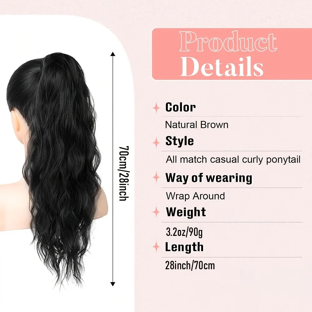 28Inch Water Wave Synthetic Self-Winding Ponytail Hair Extensions With Metal Rod Long Curly Wrap Around Ponytail Hairpiece