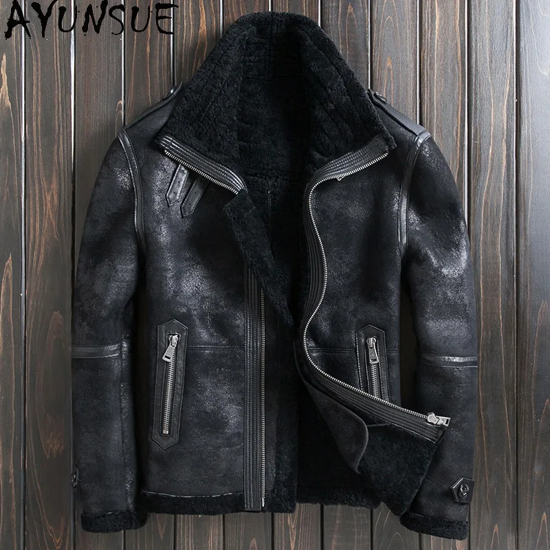 AYUNSUE Genuine Leather Jackets Sheepskin Men's Leather Jacket Fashion Thick Woolen Coats For Men Winter Кожаная Куртка Мужская