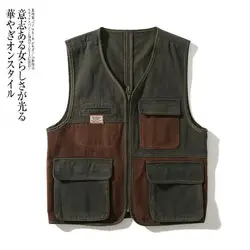 Vintage American Casual Heavyweight Washed Vest Multi Pockets Patchwork Unisex Loose Vest Jackets Coats with Zipper High Quality