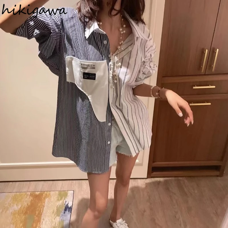 Y2k Blouses for Women Fashion Irregular Contrast Color Striped Shirts Oversized Tops Casual Korean Blouse Camisas De Mujer 2024