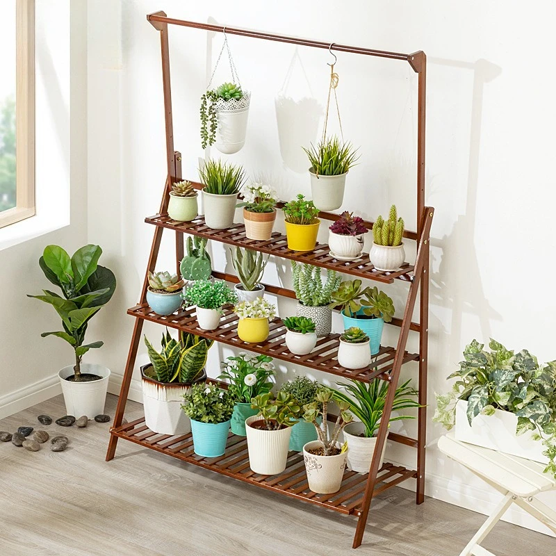 Foldable Wooden Hanging Planter, Thickened Balcony Plant Stand, Vertical Multi-Tier Shelf, Mobile Indoor Flower Pot Organizer