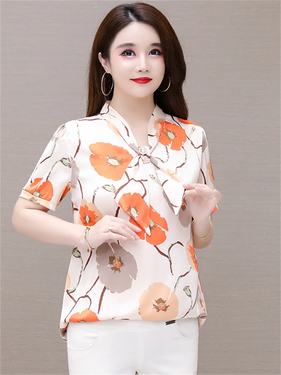 

5XL Women Spring Summer Shirts Lady Fashion Casual Short Sleeve Turn-down Collar Printing Blusas Tops Elegant CT0635