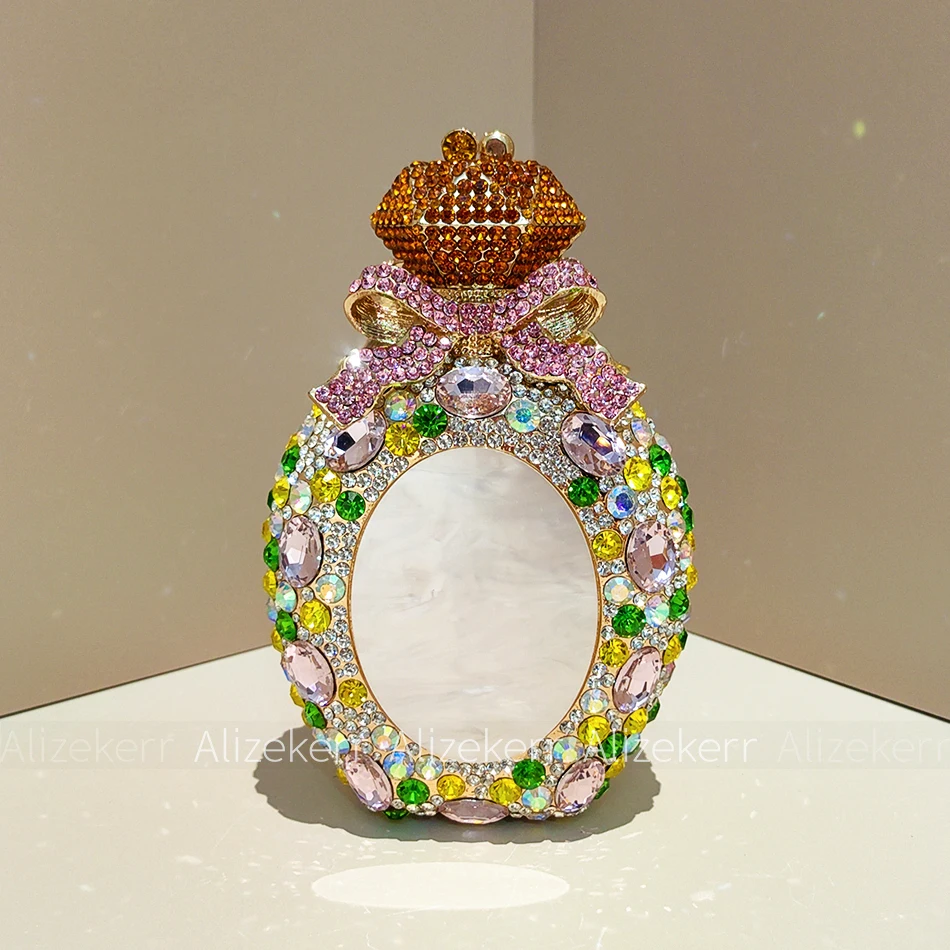 Alizekerr Perfume Bottle Shaped Crystal Evening Bags Women Boutique Diamond Bow Metal Clutch Purses And Handbags Wedding Party
