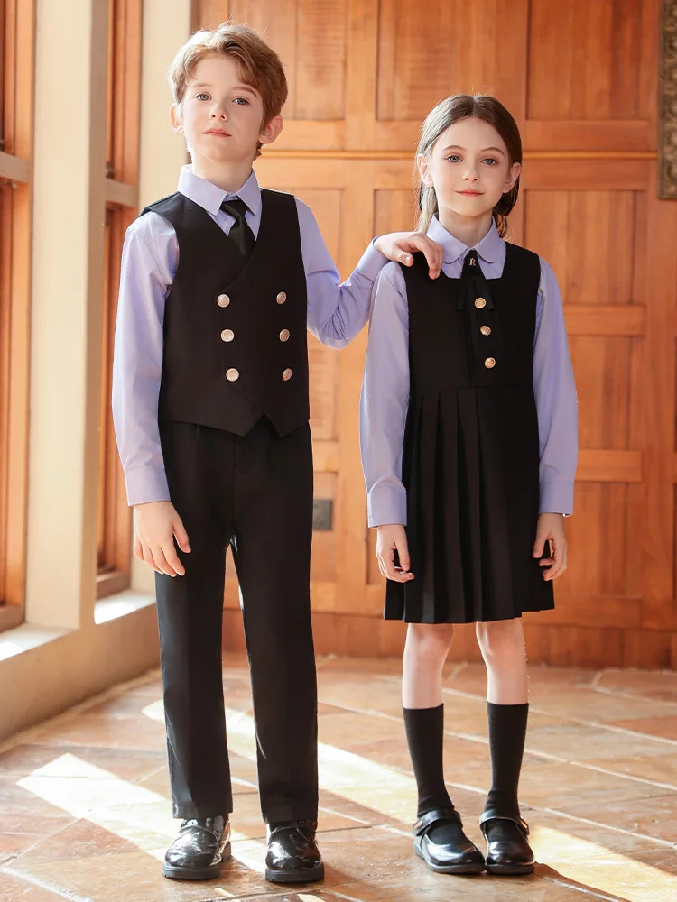 Kids Student Clothes Sets Boys British Vest Suit Pants Class Outfit Girls Dress Toddler Waistcoat Suits Children School Uniforms