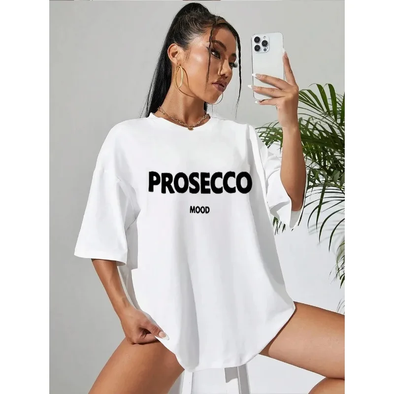 Prosecco Letter Pattern Printed T-shirt Women's Summer Large Women's Clothing Elegant O-Neck Cotton Women's Top Y2k