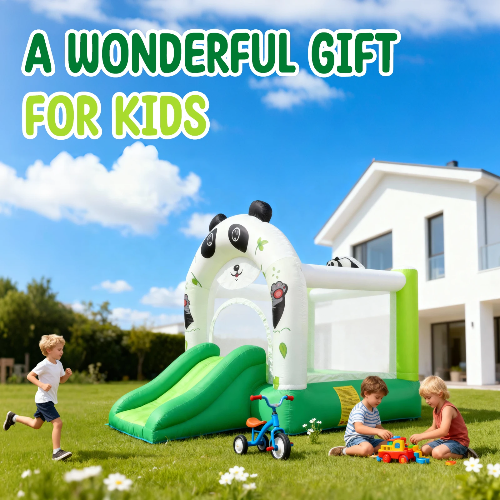 YARD Panda Bounce House Aufblasbare Mini-Türsteherrutsche Hüpfburg im Freien und drinnen mit Gebläse