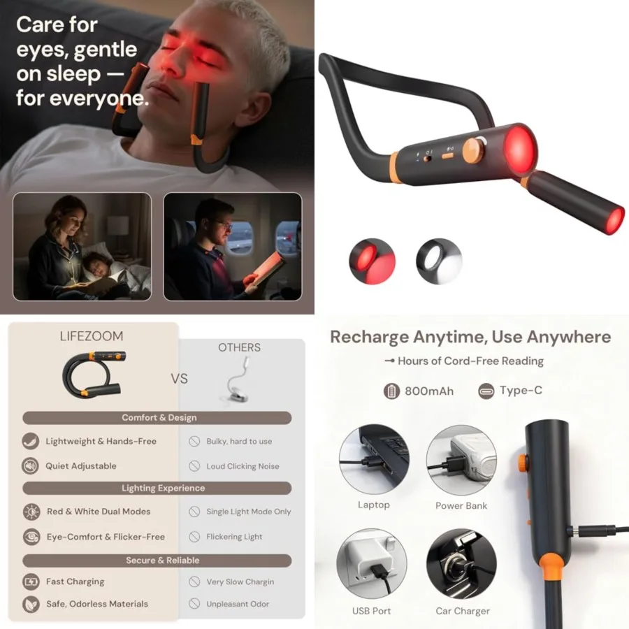 

Neck Reading Light, Rechargeable Book Light for Reading at Night, 660nm Red Light and White Modes, Flexible 360° Bendable, Ligh