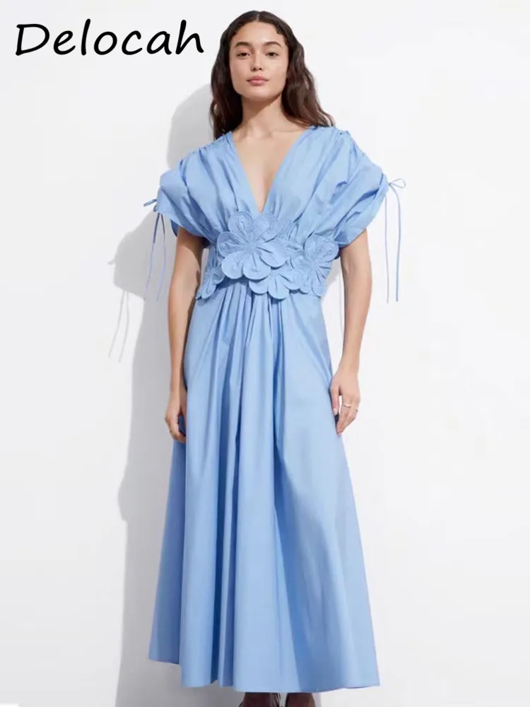 

Delocah New High Quality Summer Women Fashion Blue big flower Belt Off The Shoulder V-neck A-line Blue Long Dress