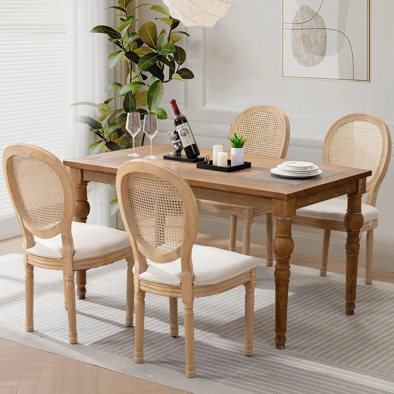 

Rattan Back Upholstered Dining Chairs Set of 4 French Country Wood Legs for Dining Room Kitchen Restaurant Beige Customized