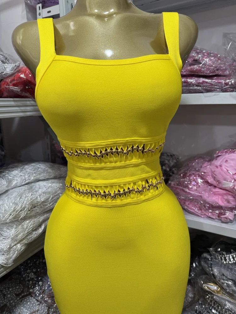 Haute qualité été femmes nouveau jaune slvveless mince gland longue robe de pansement élégant mode robe de soirée