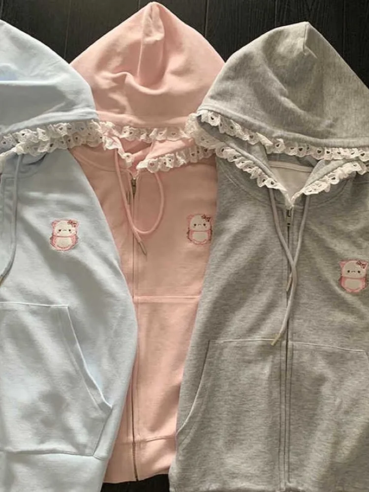 Sweats à capuche Sweet Harajuku pour femmes, salle de bain MERCEDES U, patchwork de dentelle gothique japonaise, broderie de dessin animé, sweat-shirt zippé, Kawaii, 2024