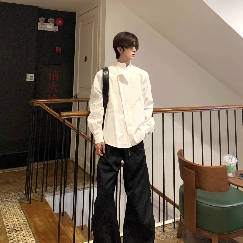 Men's 2025 Autumn New Chic Tops Loose Versatile Trendy Padded Shoulder Shirts Simple Design Irregular Collar Long Sleeve Shirts