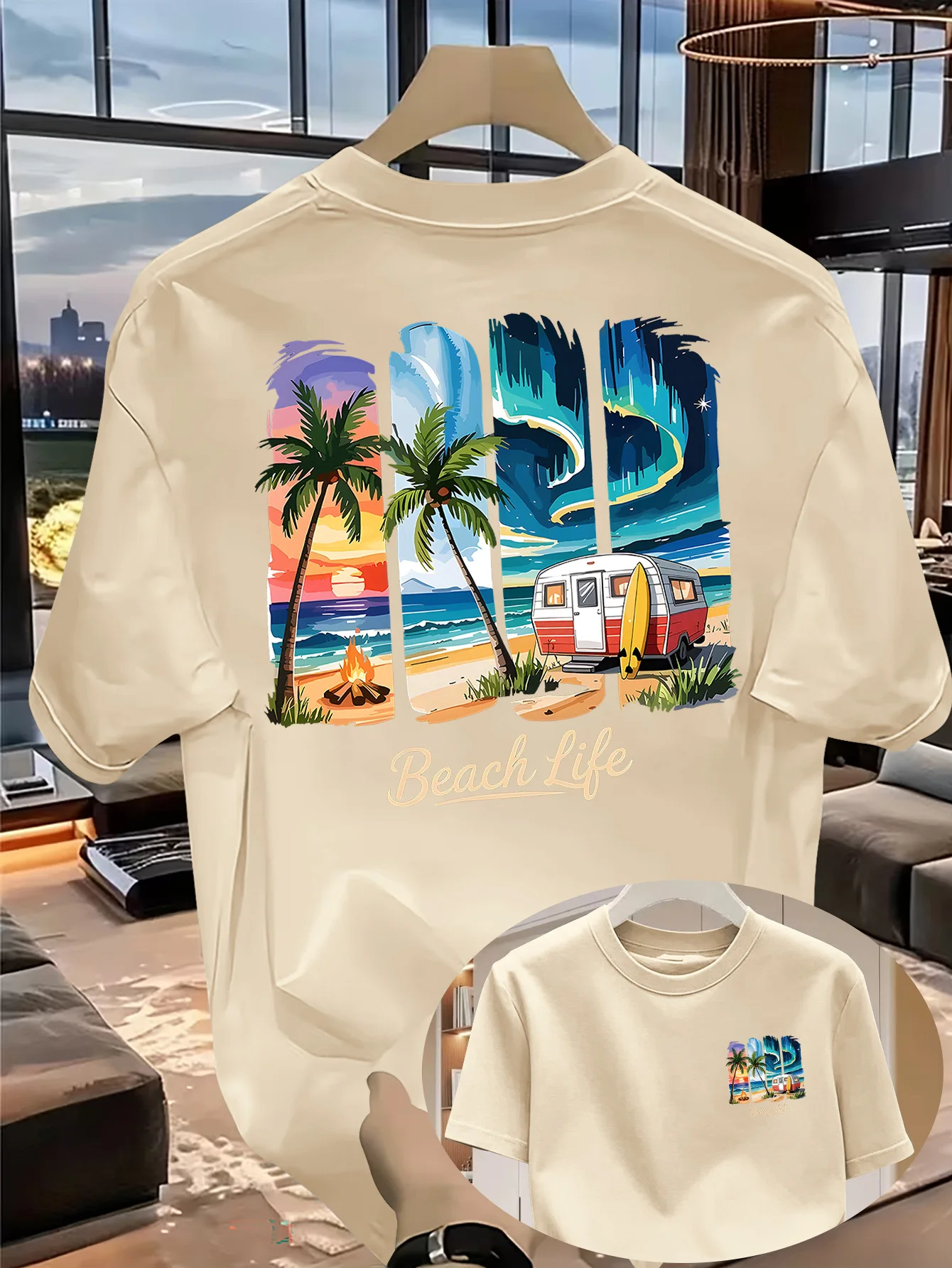 2026 Herren Sommer Strand T-Shirt 100% Baumwolle „Beach Life“ Palmen- und Wohnmobil-Print Damen Freizeit-Urlaubs-Top – Detail 4