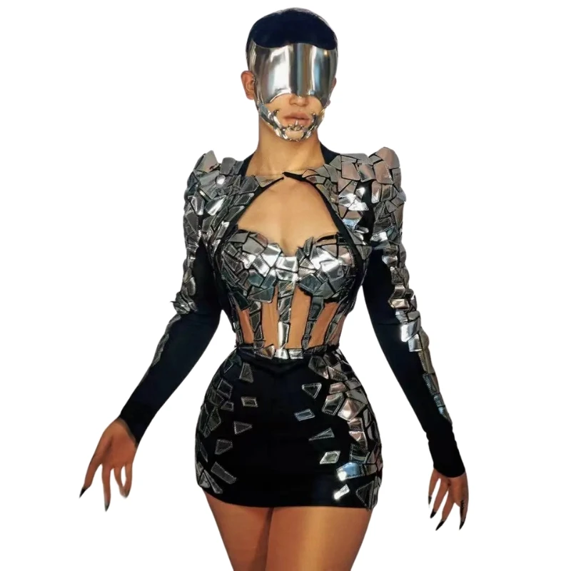 

Women Singer Sexy Dancing Suit Fahion Silver Sequin Bra Skirt Outfit Set Celebrate Birthday Party Set Bar Dance Prom Clothes Ev