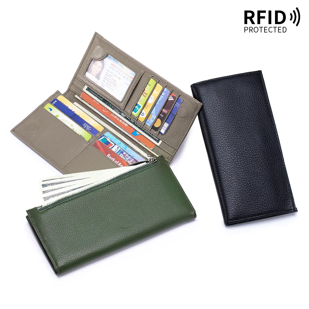 Bifold Slim Long Wallet for Men RFID-Blocking Thin Wallets with ID Window,Multi-Card Slots & Zipper Cash Pocket,Business Purse