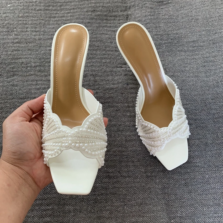 Damen Perlenbesetzte Sandalen mit eckiger Zehenpartie und hohem Absatz, offene Stiletto-Absätze, 2026 Party- und Hochzeitsschuhe, Damen-Sommer-Mules – Detail 8