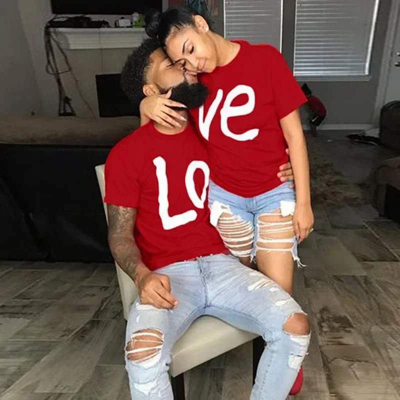 His- and- hers Couple Matching Men T-shirts Cotton Tops Casual Red LO VE Women Fashion Boyfriend Girlfriend Tees Lovers Tshirt