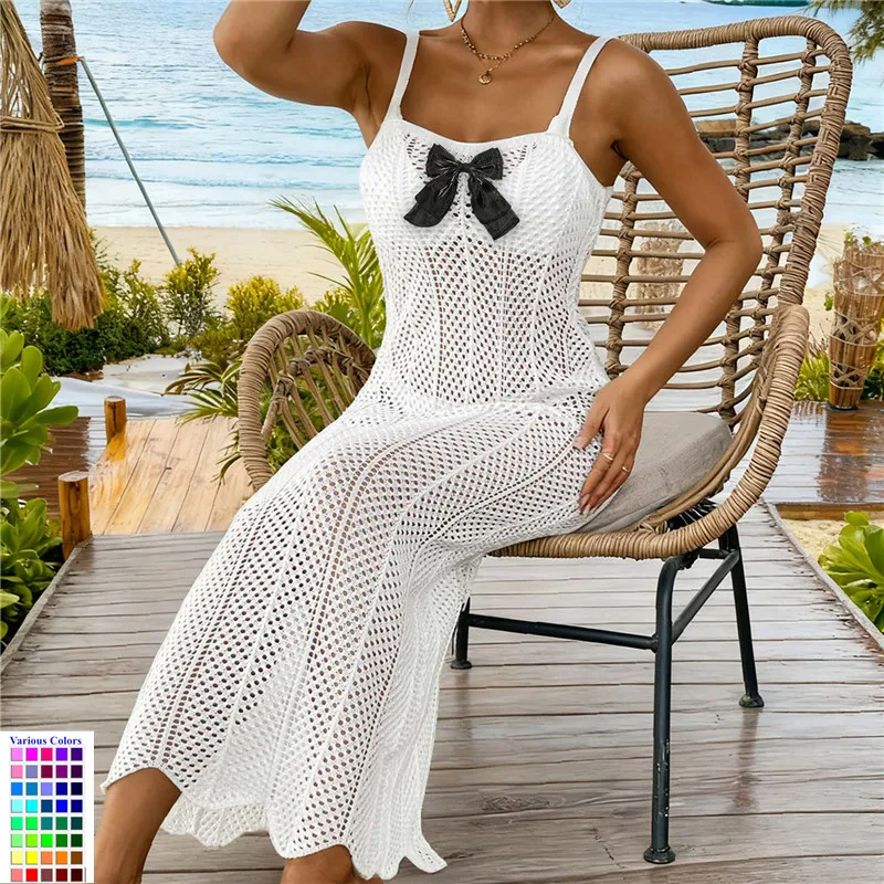 2026年トレンド ロングドレス リボン付き セクシーなトランスポートニットビーチウェア ホワイトフリルワンピース ノースリーブワンピース レディース ビキニカバーアップ