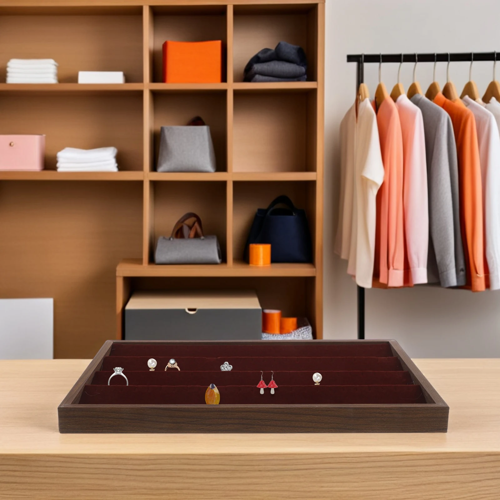

Earring Storage Tray Walnut Wood Jewelry Organizer SpaceSaving Design Wooden Display Bedroom Dresser Ring Tray