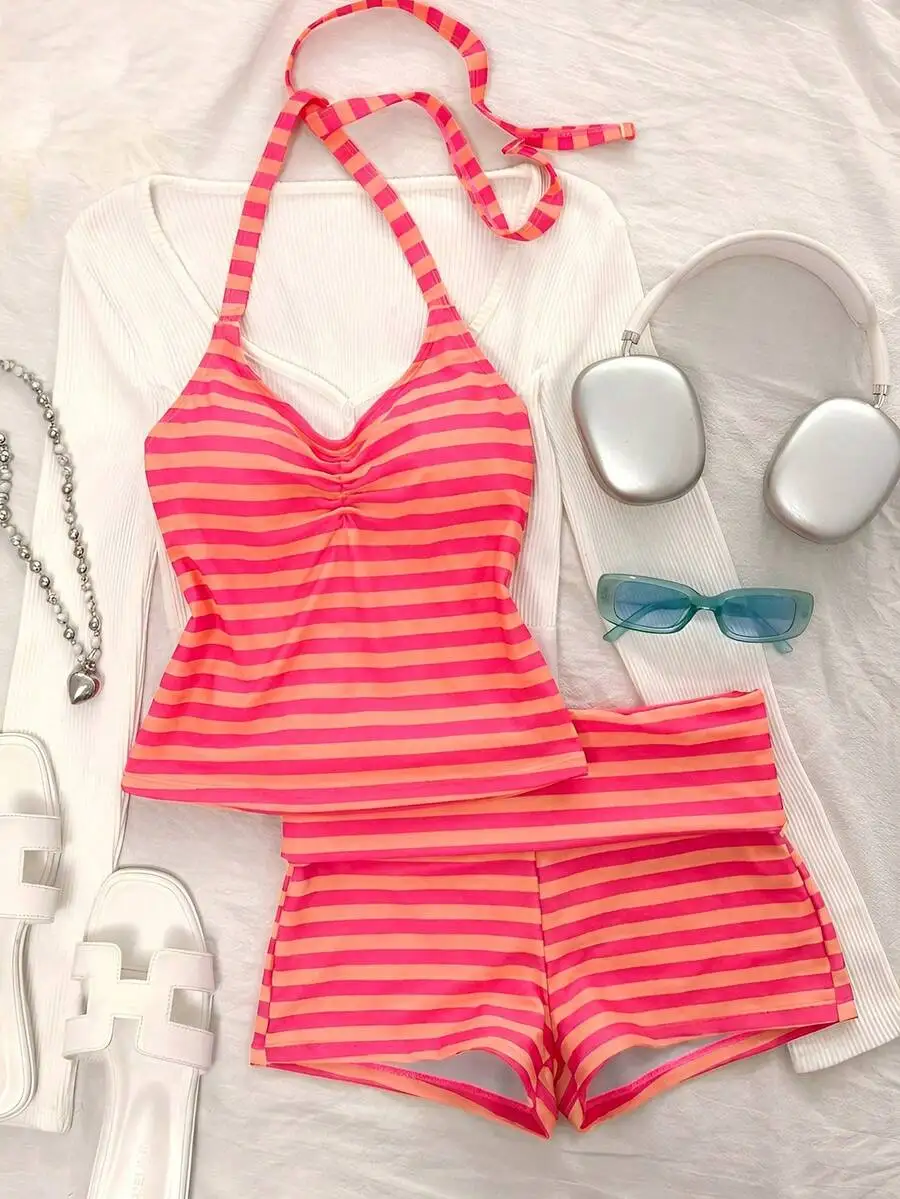 Traje de baño de dos piezas con top corto tipo halter a rayas rosa y naranja para vacaciones en la playa, piscina, primavera y verano