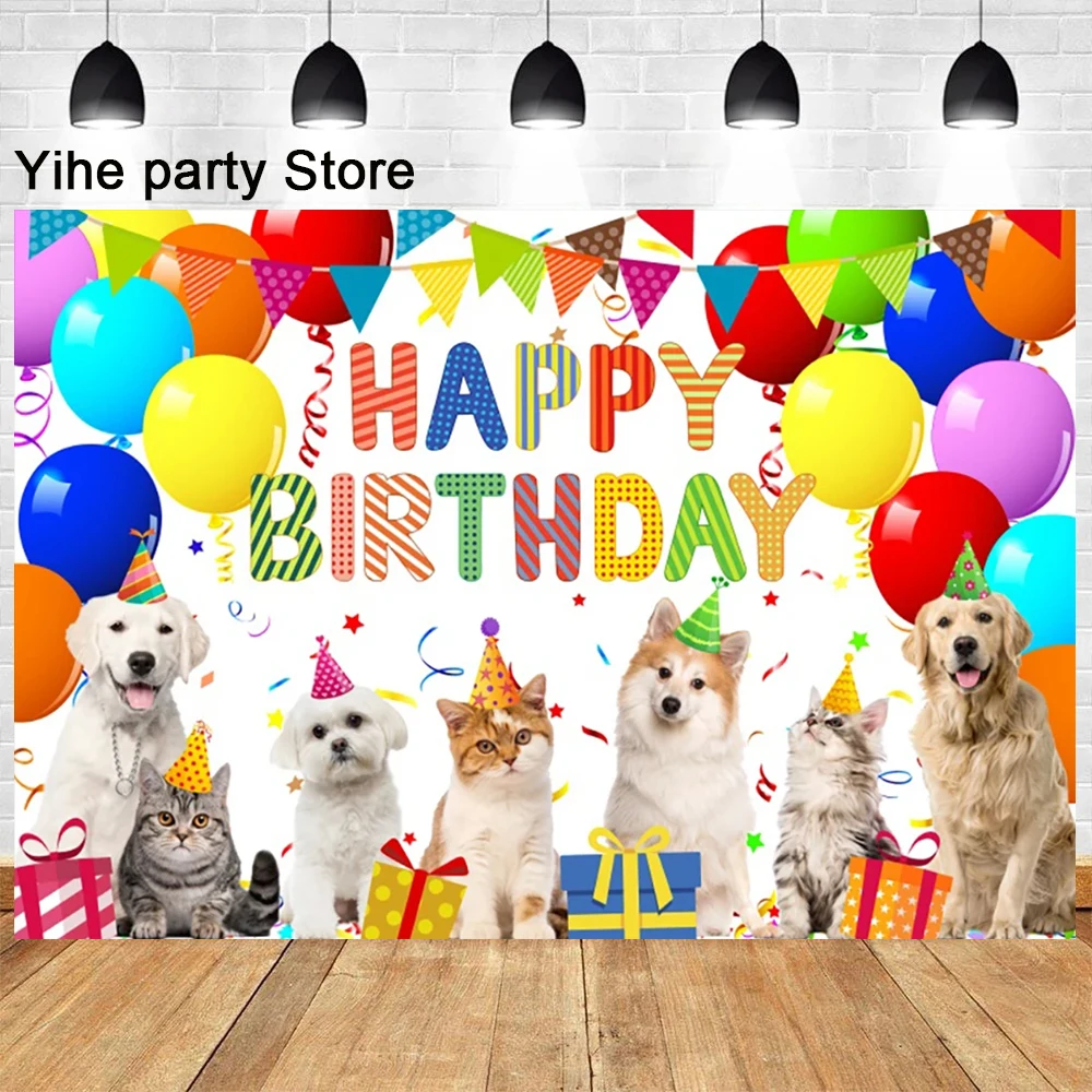 Cute Pet Cat Dog Theme Baby Birthday Party Paw Watercolor Background Celebration Children Portrait Photography Backdrop Props