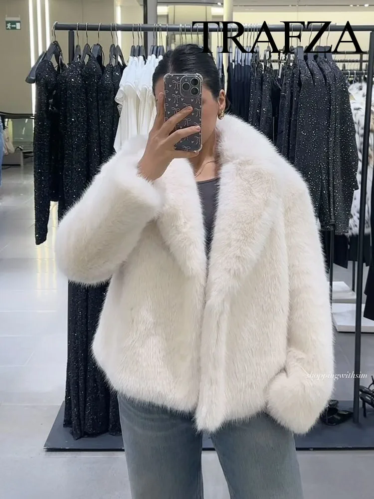 TRAFZA Winter Women's Elegant Casual High Street Pocket Coat Women's Fashion Solid Color Faux Fur Effect Long Sleeve Cardigan