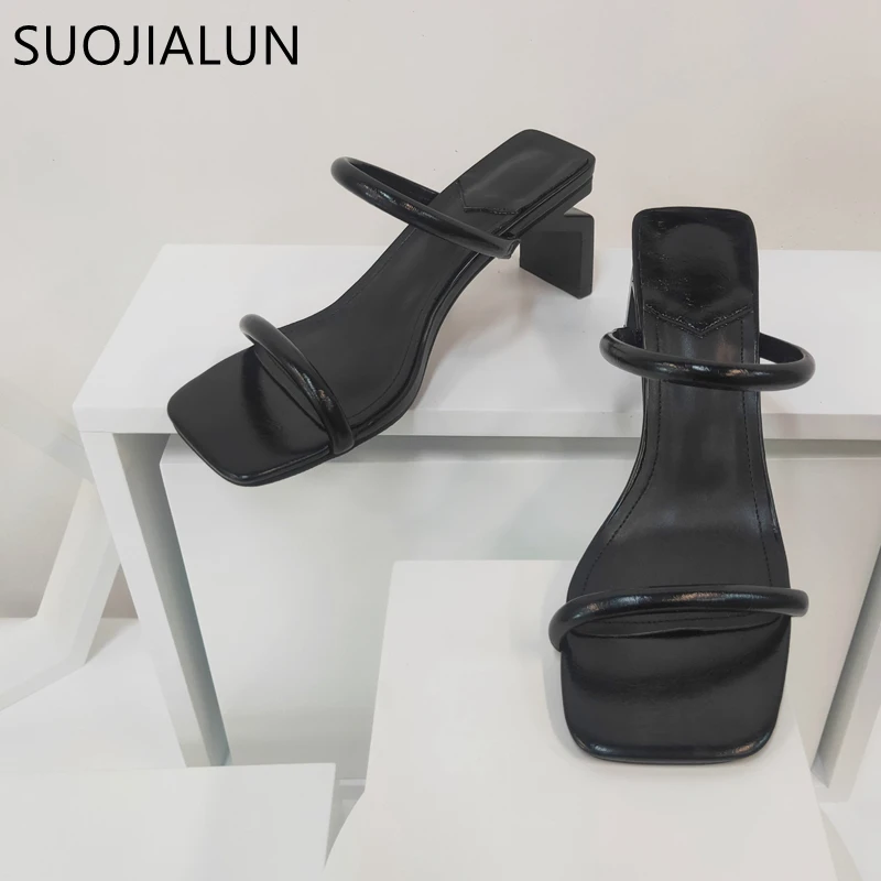 SUOJIALUN 2022 Summer Gladiator Shoes Square High Heel Women Slides Fashion Narrow Band Square Toe Ladise Beach Sandal Slides