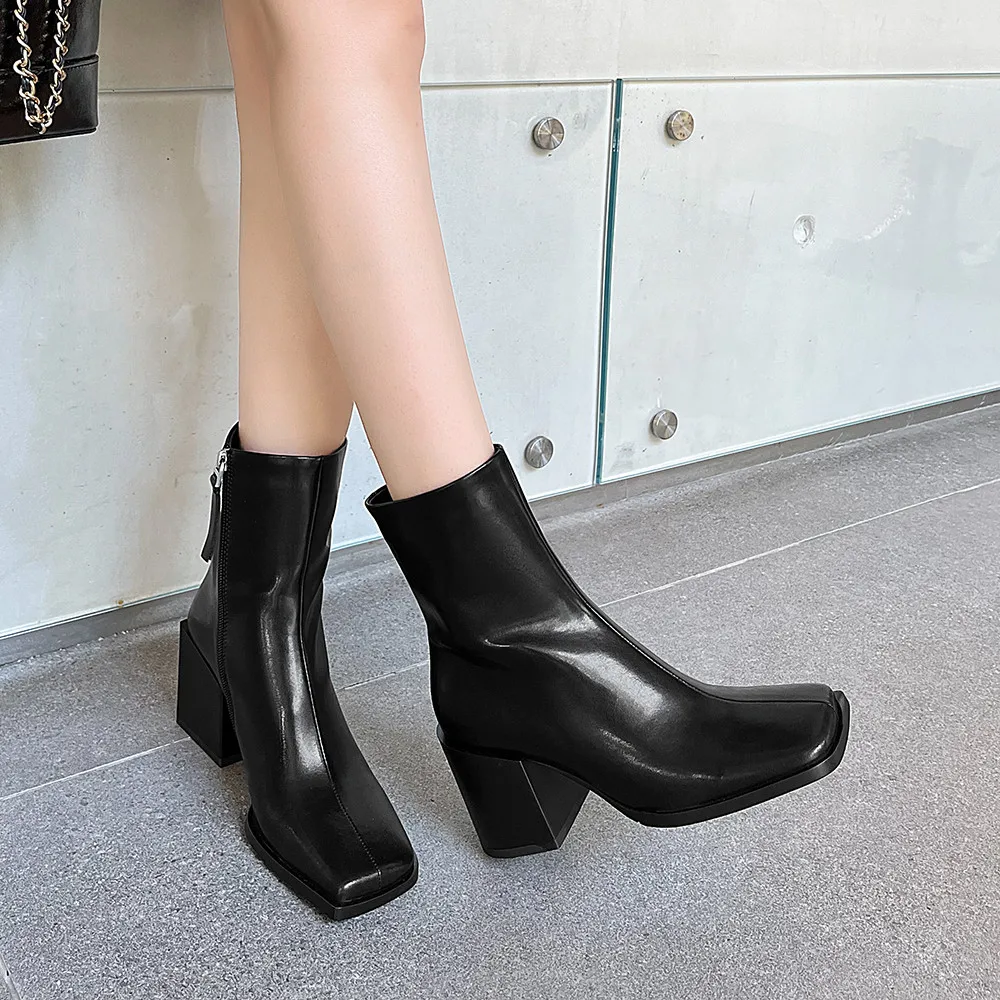 Aucegi 2023 Autumn Design Thick High Heel Genuine Leather Ankle Boot Fashion Square Toe Zipper Ladies Commuter Casual Shoes