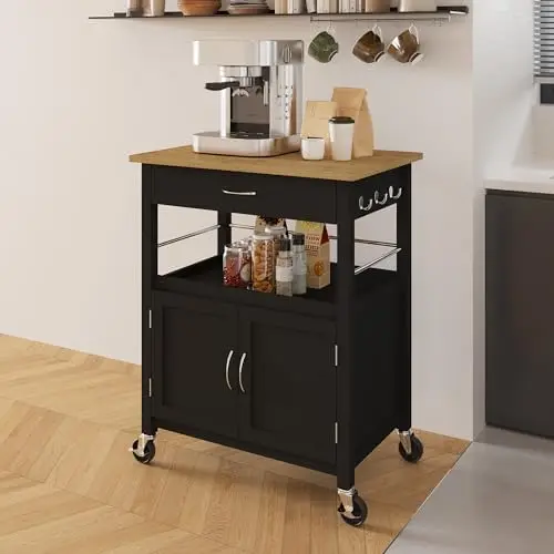 Kitchen Island Cart on Wheels, Black Base, Natural Bamboo Top | Drawer, Storage Cabinet, Shelf, Butcher Block