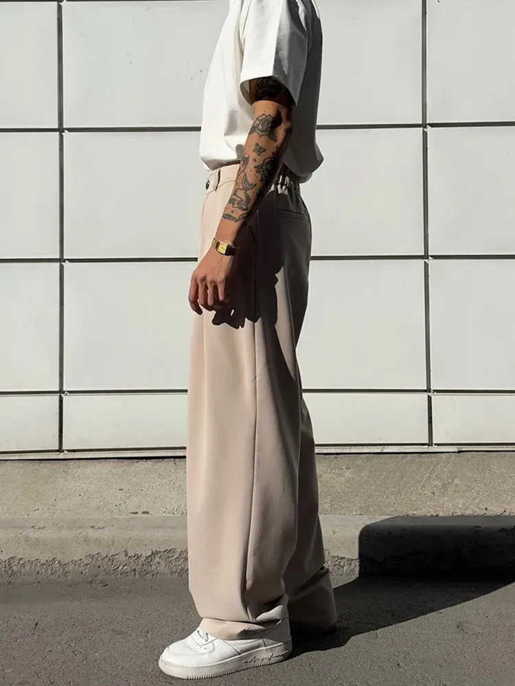 خمر بلون مطوي بنطلون رجالي ربيع الخريف جديد عادية فضفاض مستقيم الخصر السراويل الرجال الترفيه اليومي ثنيات السراويل