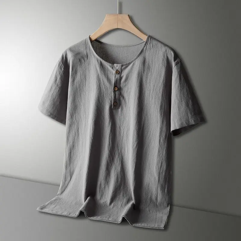 Linen short-sleeve shorts set for men, Chinese-style loose round neck summer fashion casual sportswear