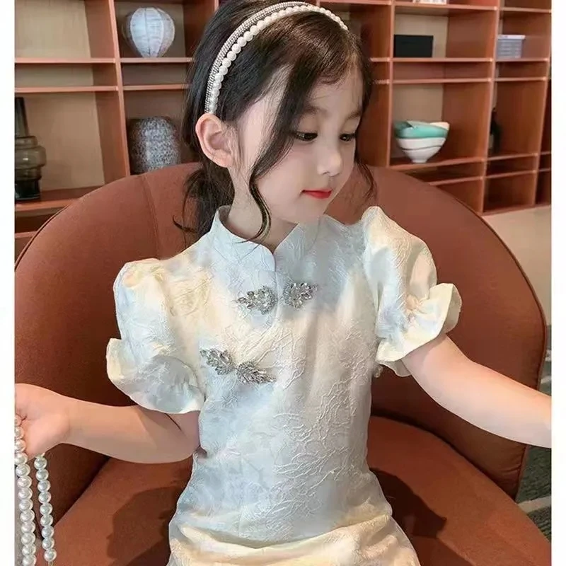 Cheongsam Mädchen Baby Dünnes Kleid Kinder der Chinesischen Stil Kleidung Mädchen Baby Sommer Kurzen ärmeln Chinesischen Hanfu Tang-anzug